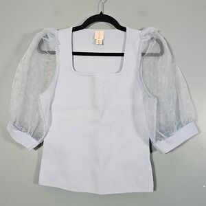 NWOT Joie Light Blue Square Neck Puff Sleeve Ribbed Knit Top Women's Size L